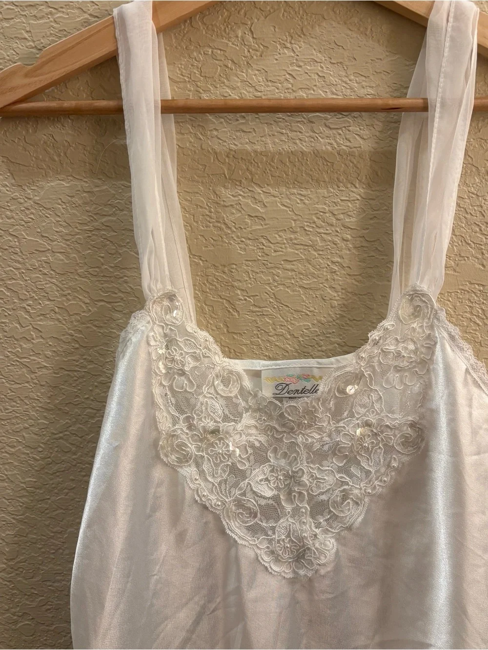 Vintage 90s Dentelle White Satin Lace Slip Dress Medium Bridal - Picture 3 of 7